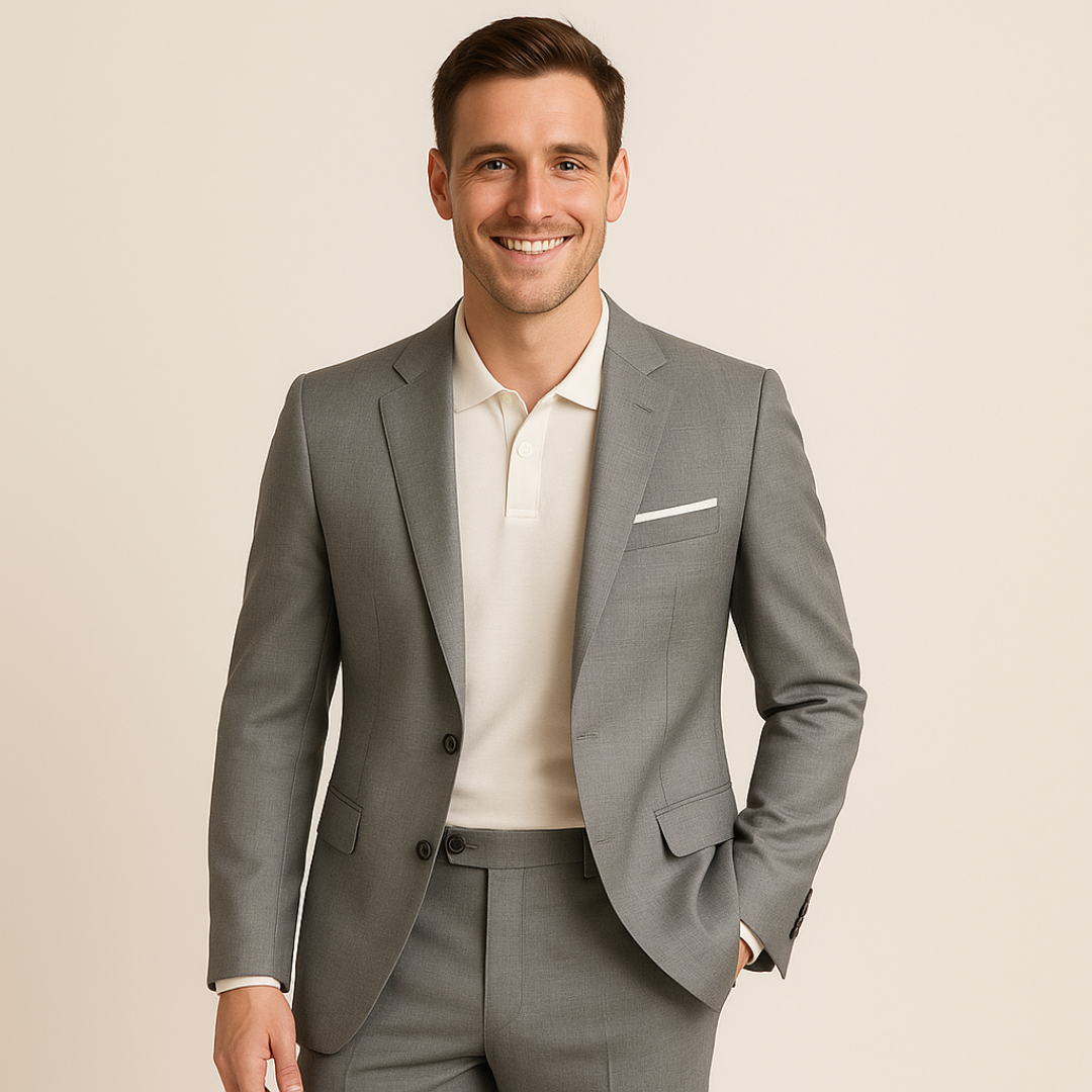 "Men's formal two-piece suit, featuring a blazer and pants, slim fit, available in black, gray, brown, and more colors."