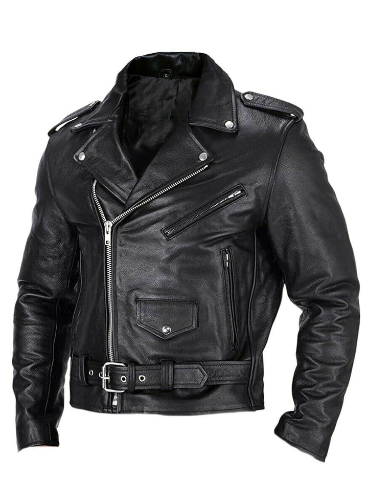 Men's genuine leather biker jacket with asymmetrical zip; sleek design, lapel collar, and belted waist for a rugged look.
