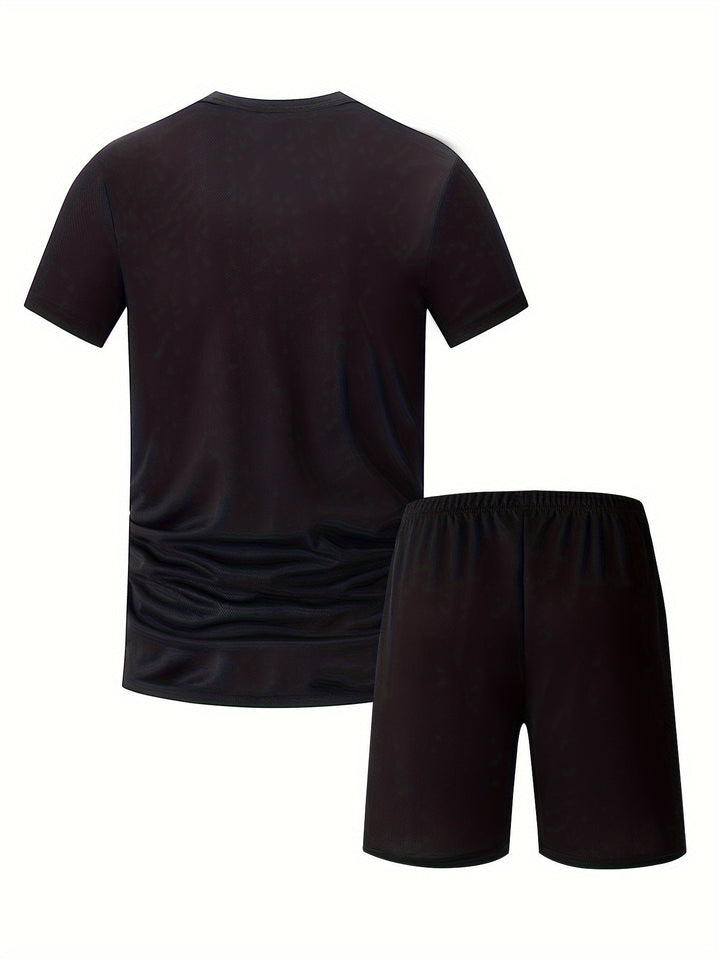 "Men's gradient sports T-shirt & shorts set, showing ombré T-shirt with solid black shorts, perfect for athletic wear."