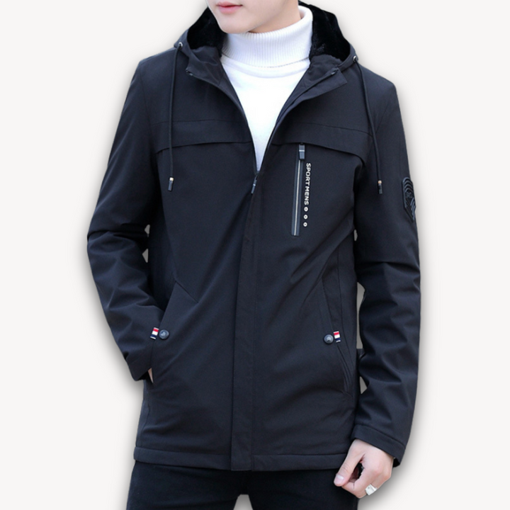 "Men's green waterproof hooded jacket for stylish and durable outerwear. Features sleek design and multi-pocket functionality