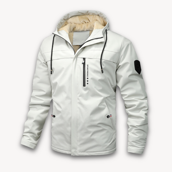 "Men's green waterproof hooded jacket for stylish and durable outerwear. Features sleek design and multi-pocket functionality