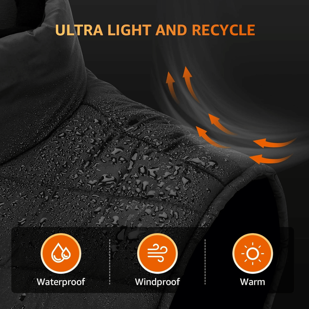"Men's heated gilet with sleek design, lightweight body warmer, features fast heating elements, perfect for cold weather."