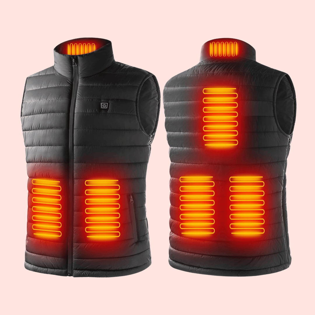 "Men's heated gilet with sleek design, lightweight body warmer, features fast heating elements, perfect for cold weather."