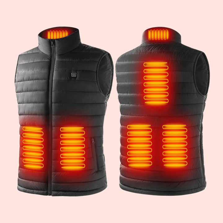 "Men's heated gilet with sleek design, lightweight body warmer, features fast heating elements, perfect for cold weather."