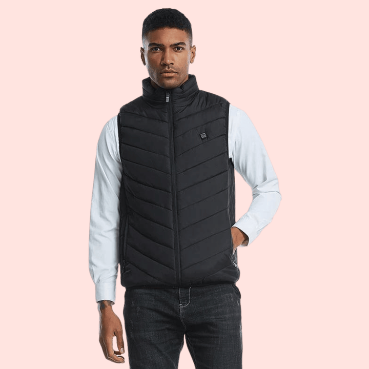 "Men's heated gilet with sleek design, lightweight body warmer, features fast heating elements, perfect for cold weather."