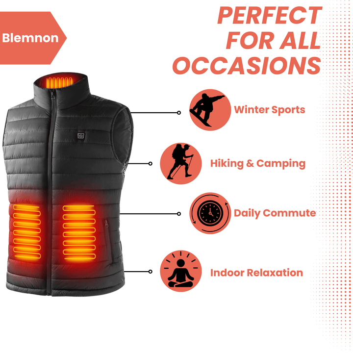 "Men's heated gilet with sleek design, lightweight body warmer, features fast heating elements, perfect for cold weather."