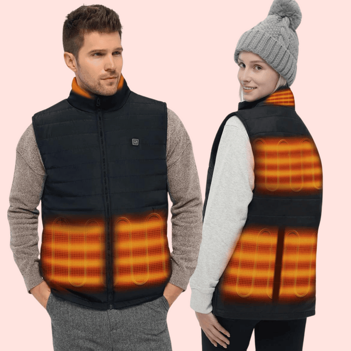 "Men's heated gilet with sleek design, lightweight body warmer, features fast heating elements, perfect for cold weather."
