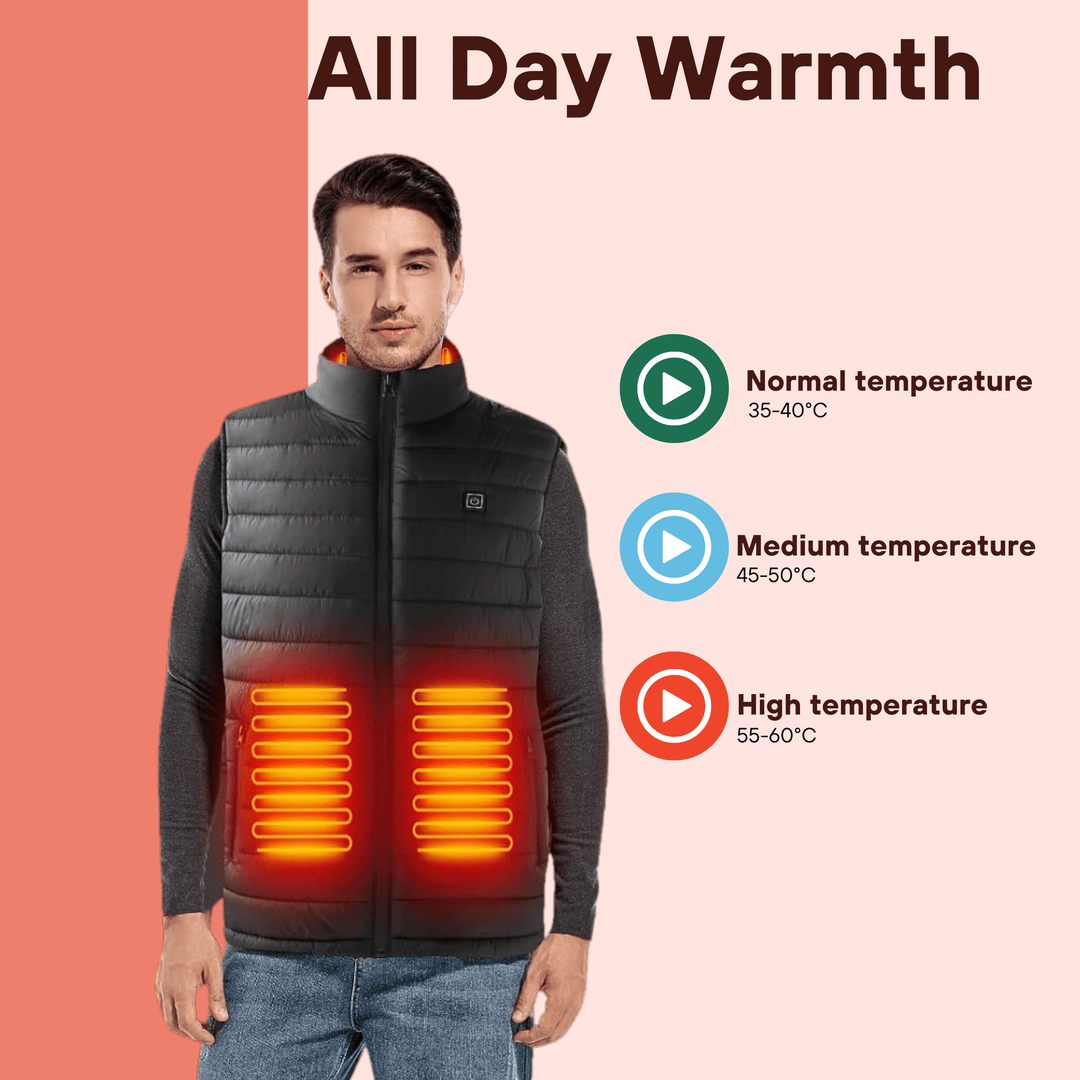 "Men's heated gilet with sleek design, lightweight body warmer, features fast heating elements, perfect for cold weather."