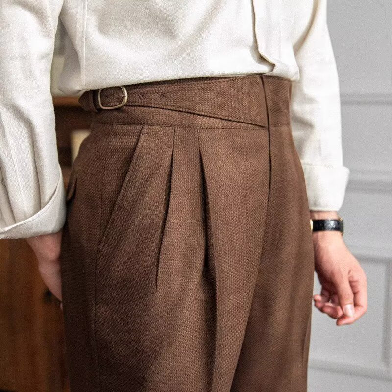 Men's high waist wool blend dress pants with pleated front, straight-leg fit, ideal for formal occasions and professional set