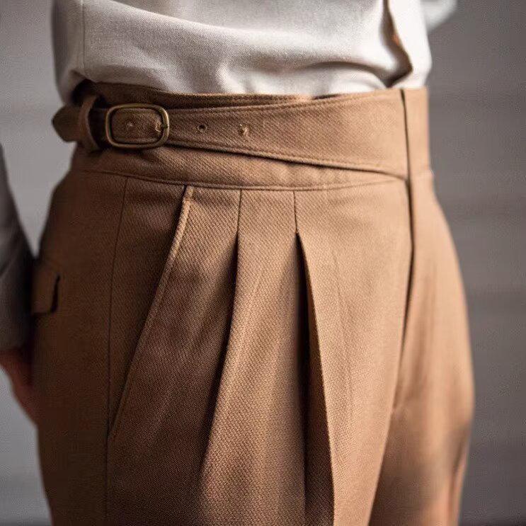 Men's high waist wool blend dress pants with pleated front, straight-leg fit, ideal for formal occasions and professional set
