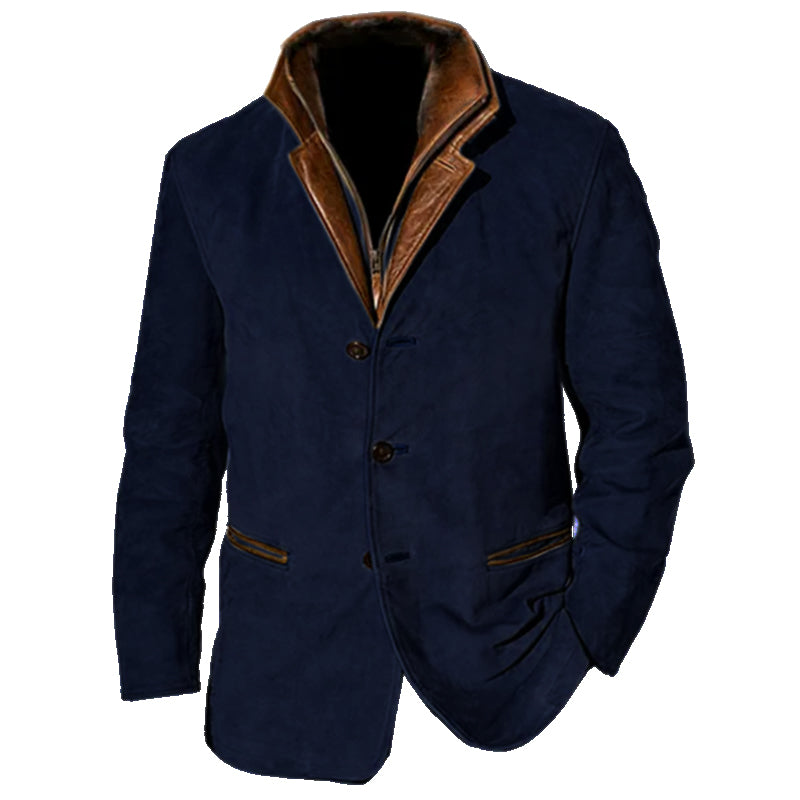 "Men's khaki suede jacket with leather trim and notched lapel, structured fit ideal for smart-casual occasions."