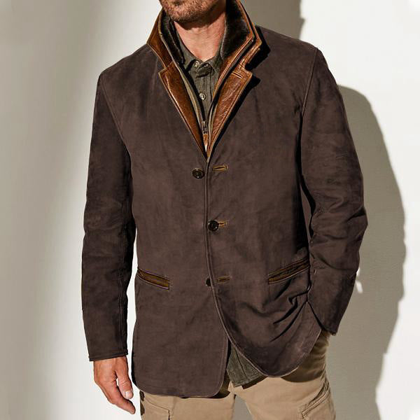 "Men's khaki suede jacket with leather trim and notched lapel, structured fit ideal for smart-casual occasions."