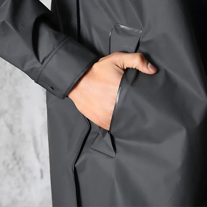 "Men's knee-length waterproof raincoat with hood, sleek lightweight design, button-up closure for a smart, stylish look."