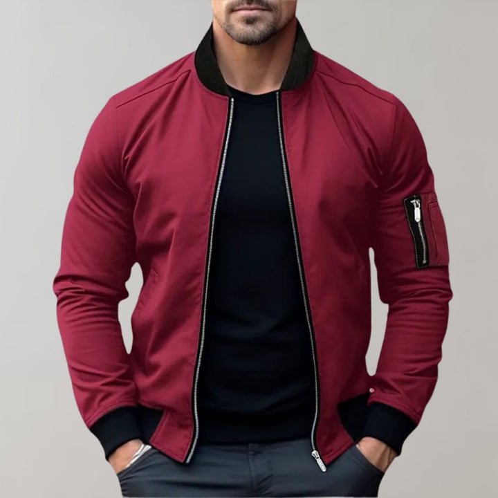 "Men's lightweight all-season bomber jacket with sleek design, zip closure, and multiple color options for versatile wear."