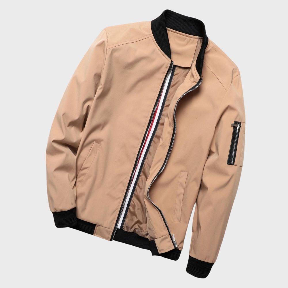 "Men's lightweight all-season bomber jacket with sleek design, zip closure, and multiple color options for versatile wear."