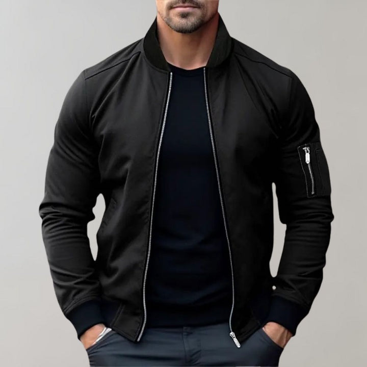 "Men's lightweight all-season bomber jacket with sleek design, zip closure, and multiple color options for versatile wear."