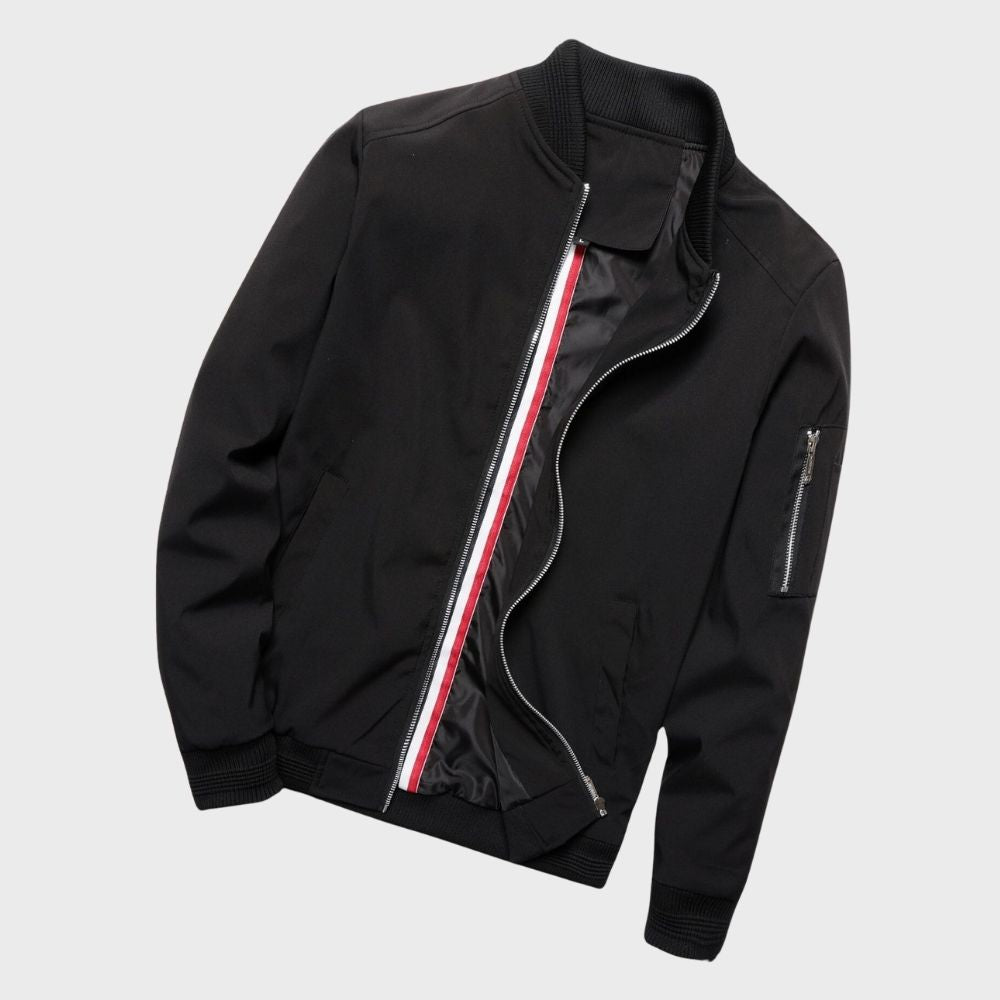 "Men's lightweight all-season bomber jacket with sleek design, zip closure, and multiple color options for versatile wear."