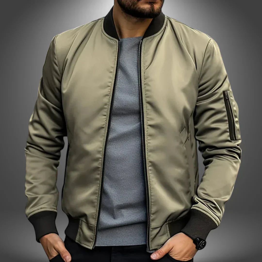 "Men's lightweight bomber jacket, casual windbreaker style with slim fit, features ribbed cuffs and arm zip pocket."