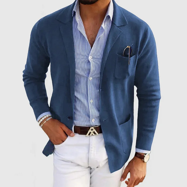 "Men's lightweight casual knit blazer, tailored fit, in beige color, showcasing sleek design and versatile styling options."