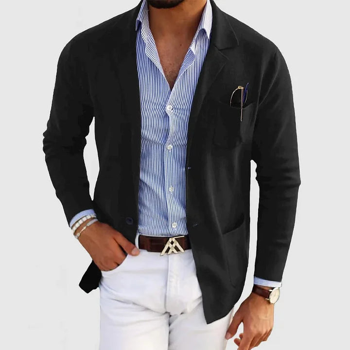 "Men's lightweight casual knit blazer, tailored fit, in beige color, showcasing sleek design and versatile styling options."