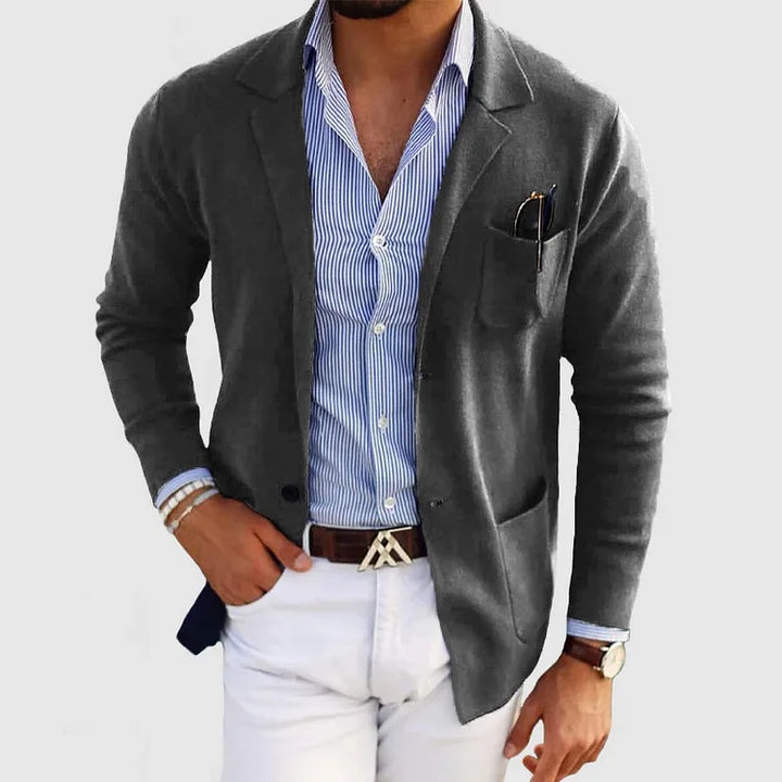 "Men's lightweight casual knit blazer, tailored fit, in beige color, showcasing sleek design and versatile styling options."