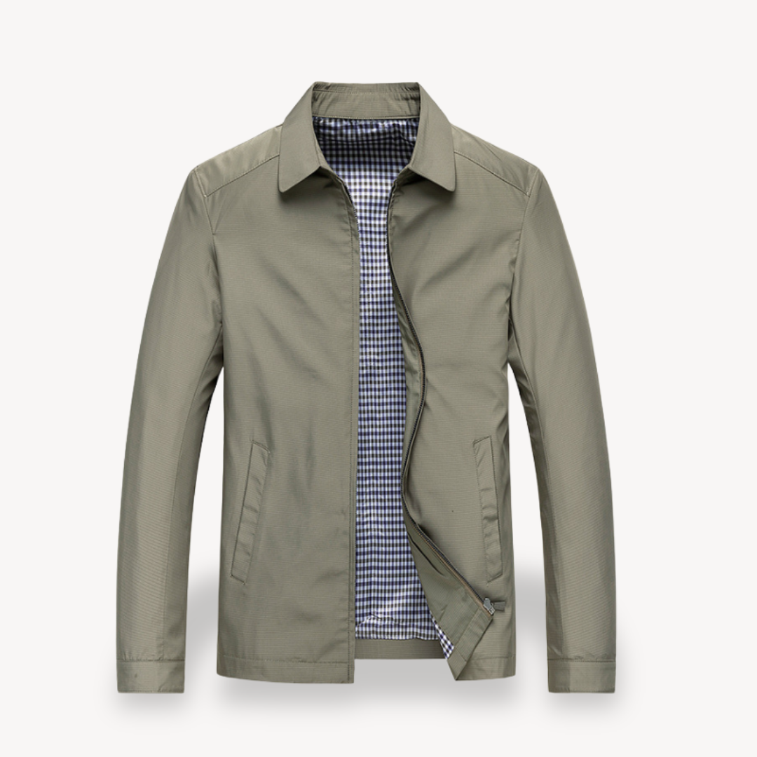 Men's lightweight cotton jacket with checkered lining, breathable fabric, functional pockets, ideal for smart-casual wear.