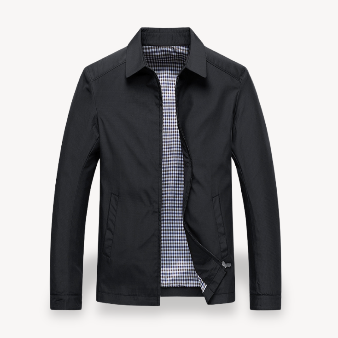 Men's lightweight cotton jacket with checkered lining, breathable fabric, functional pockets, ideal for smart-casual wear.