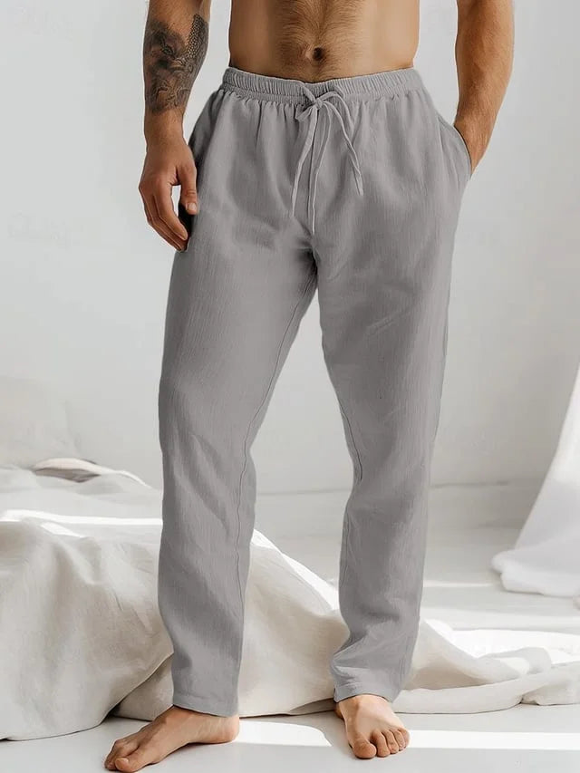 "Men's lightweight linen casual trousers, multiple colors, breathable, perfect for summer, versatile style."