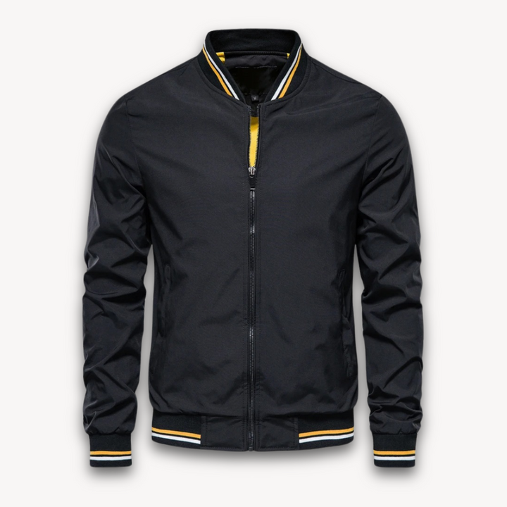 "Men's lightweight polyester bomber jacket, stylish windbreaker with zip front and ribbed cuffs, ideal for casual outings."