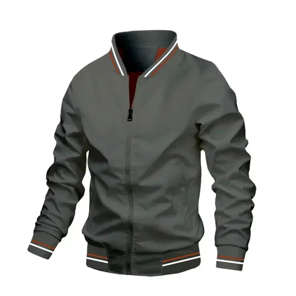 Men's lightweight summer bomber jacket with contrasting stripes, zipper closure, ideal for casual and evening wear.