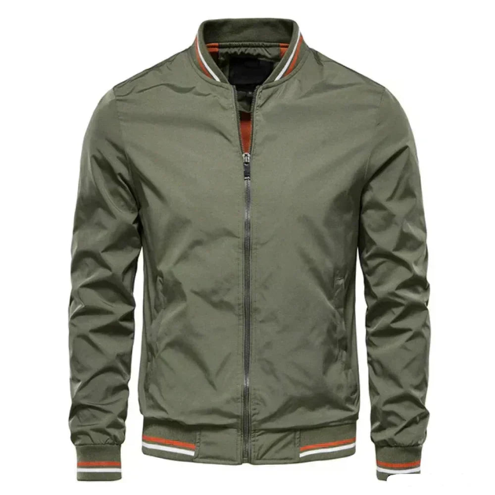 Men's lightweight summer bomber jacket with contrasting stripes, zipper closure, ideal for casual and evening wear.