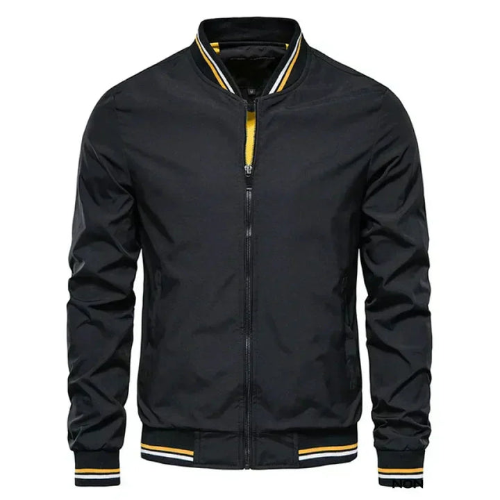 Men's lightweight summer bomber jacket with contrasting stripes, zipper closure, ideal for casual and evening wear.
