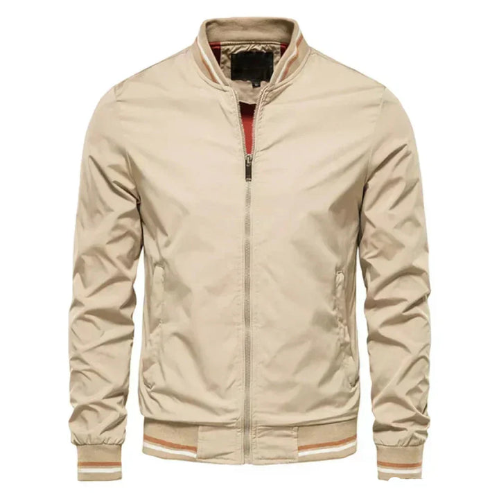 Men's lightweight summer bomber jacket with contrasting stripes, zipper closure, ideal for casual and evening wear.