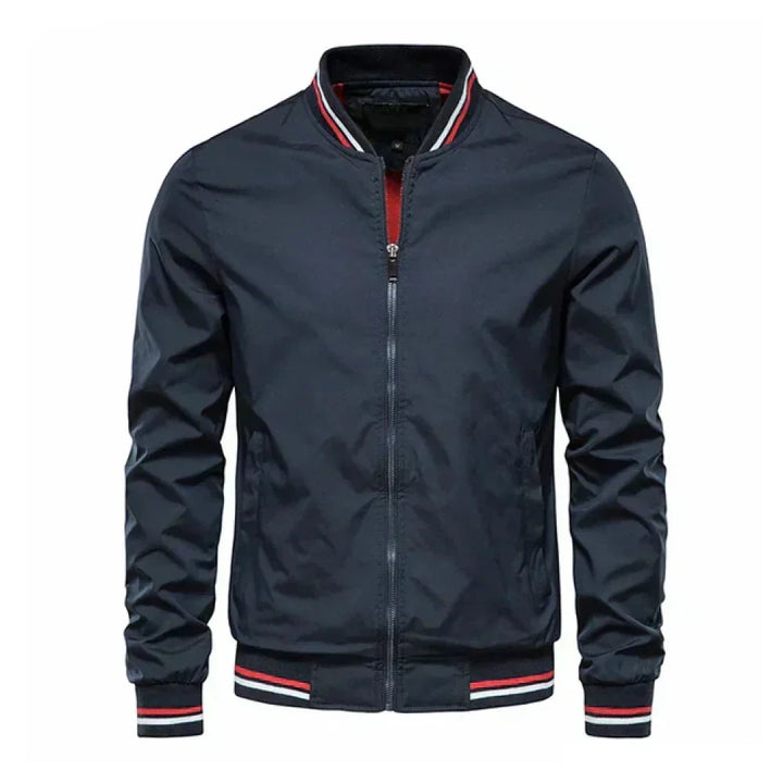 Men's lightweight summer bomber jacket with contrasting stripes, zipper closure, ideal for casual and evening wear.