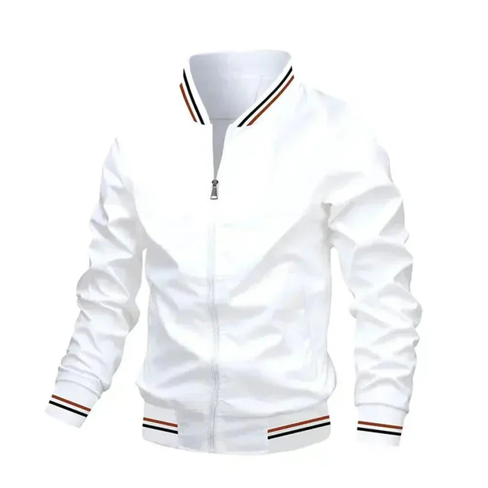 Men's lightweight summer bomber jacket with contrasting stripes, zipper closure, ideal for casual and evening wear.
