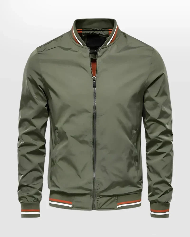 Men's lightweight summer bomber jacket with contrasting stripes, zipper closure, ideal for casual and evening wear.