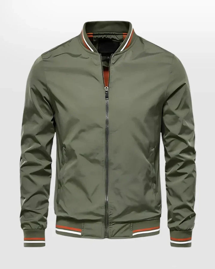 Men's lightweight summer bomber jacket with contrasting stripes, zipper closure, ideal for casual and evening wear.