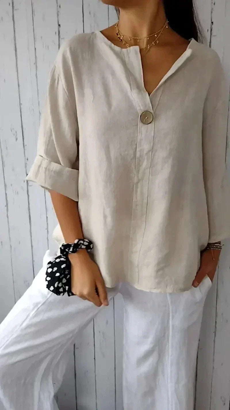 Men's linen casual blouse with button detail, featuring soft fabric, elegant V-neck, perfect for stylish, comfortable wear.