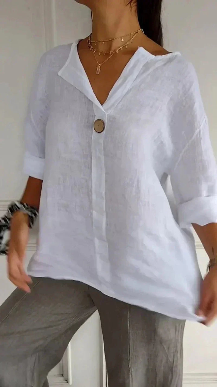 Men's linen casual blouse with button detail, featuring soft fabric, elegant V-neck, perfect for stylish, comfortable wear.