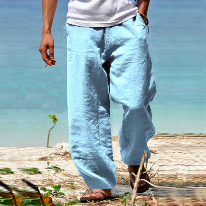 "Men's Linen Drawstring Beach Pants, relaxed fit, premium linen, beige color, perfect for summer, casual outings"