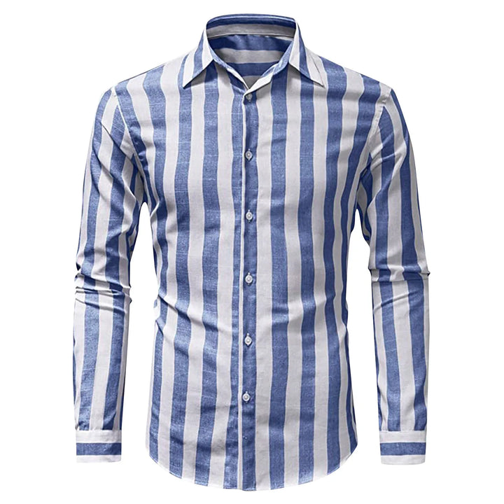 "Men's linen shirt, long sleeve, stripe pattern, lightweight and breathable, perfect for summer casual and smart looks."