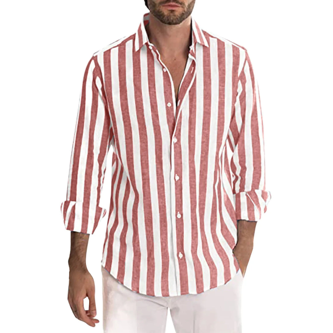 "Men's linen shirt, long sleeve, stripe pattern, lightweight and breathable, perfect for summer casual and smart looks."