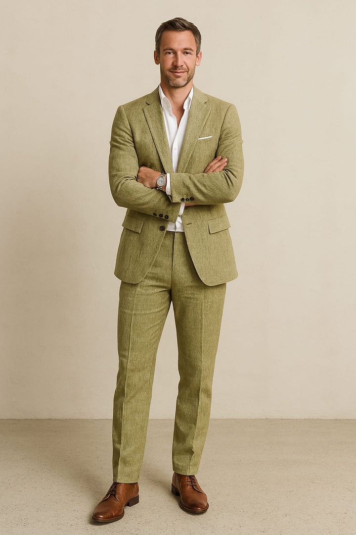 Men's linen suit, tailored fit, notch lapel, breathable fabric; perfect for warm weather elegance and sophisticated style.