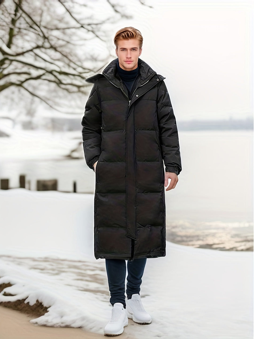 "Men's long winter jacket, padded, loose fit, zip design, solid color, full coverage, winter outerwear, high-quality fabric"