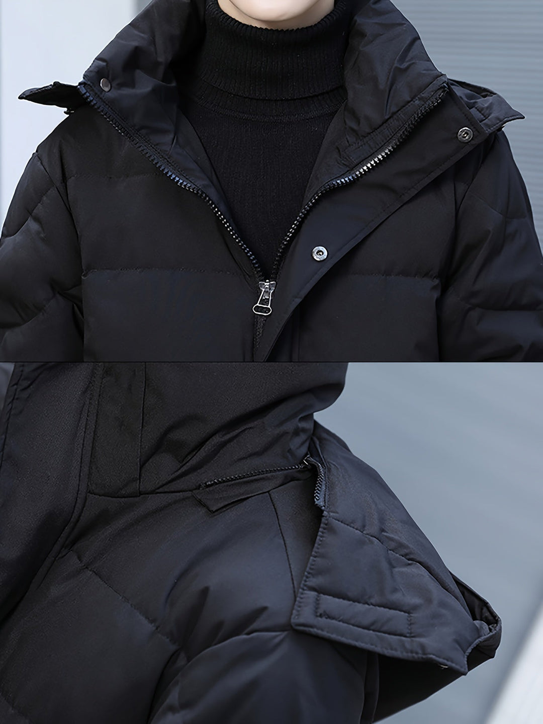 "Men's long winter jacket, padded, loose fit, zip design, solid color, full coverage, winter outerwear, high-quality fabric"