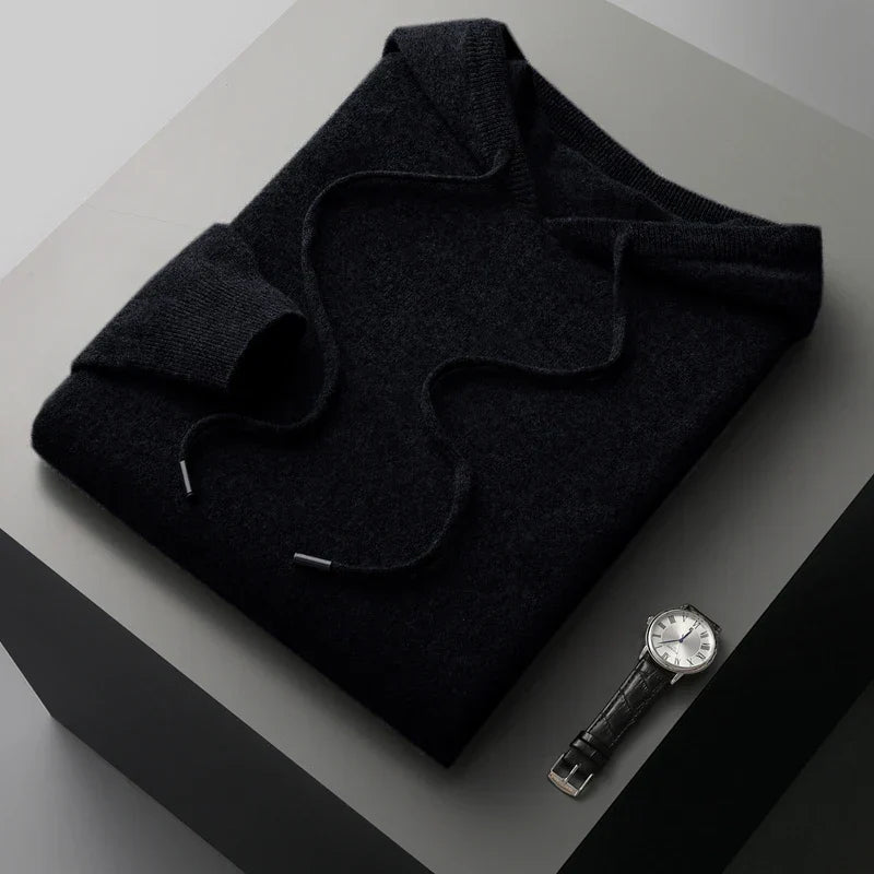 "Men's luxury cashmere hoodie with adjustable hood, slim fit, ribbed cuffs, in versatile colors, soft and breathable."