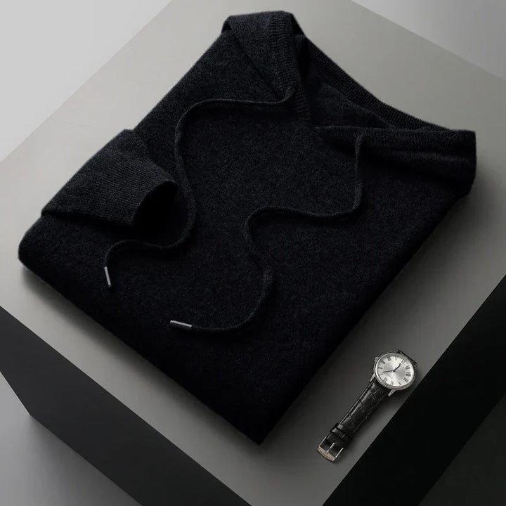 "Men's luxury cashmere hoodie with adjustable hood, slim fit, ribbed cuffs, in versatile colors, soft and breathable."