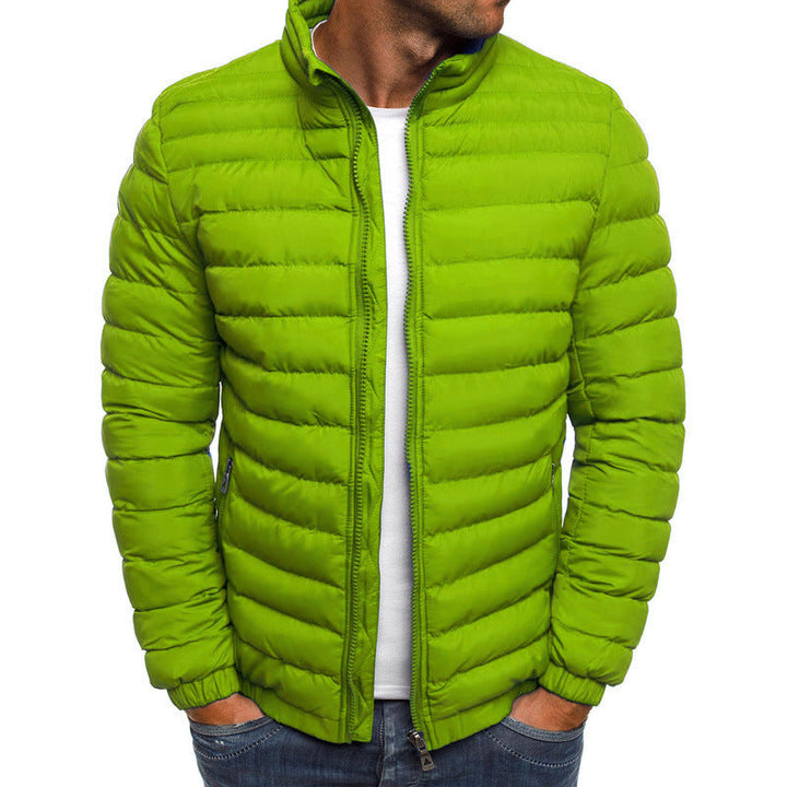 Men's luxury down puffer jacket, navy with stand collar, offering stylish warmth and tailored fit for winter fashion.