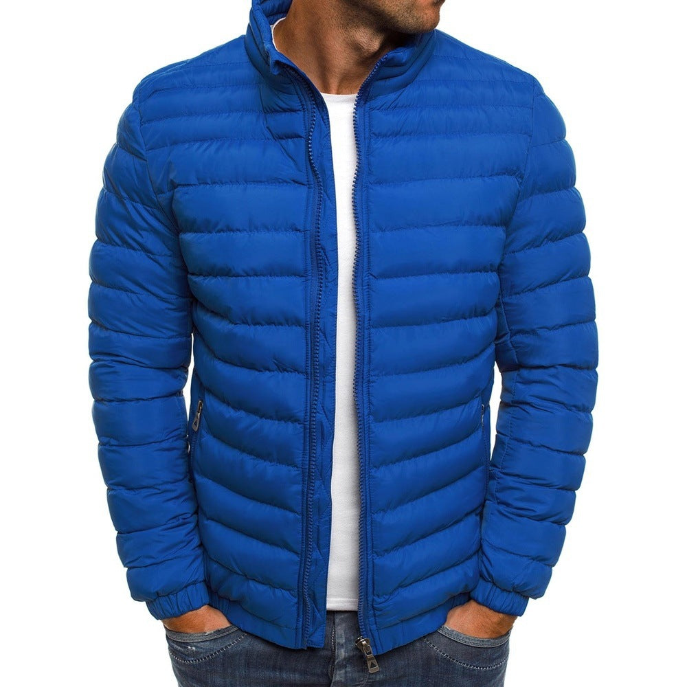 Men's luxury down puffer jacket, navy with stand collar, offering stylish warmth and tailored fit for winter fashion.