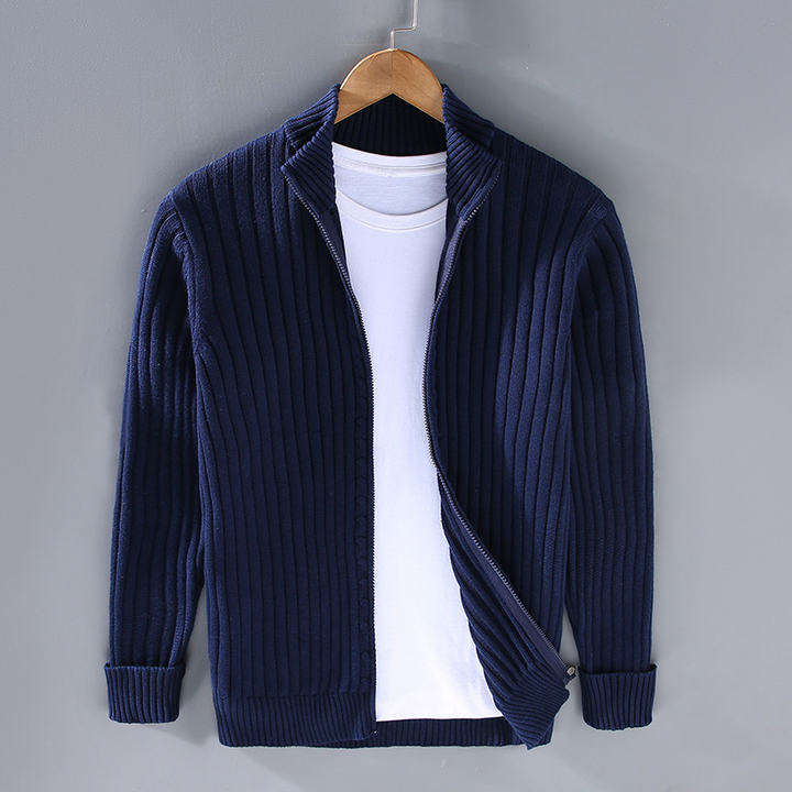 Men's modern zip-up cardigan, sleek design, versatile neutral colors, ideal for casual or office wear with comfortable fit.